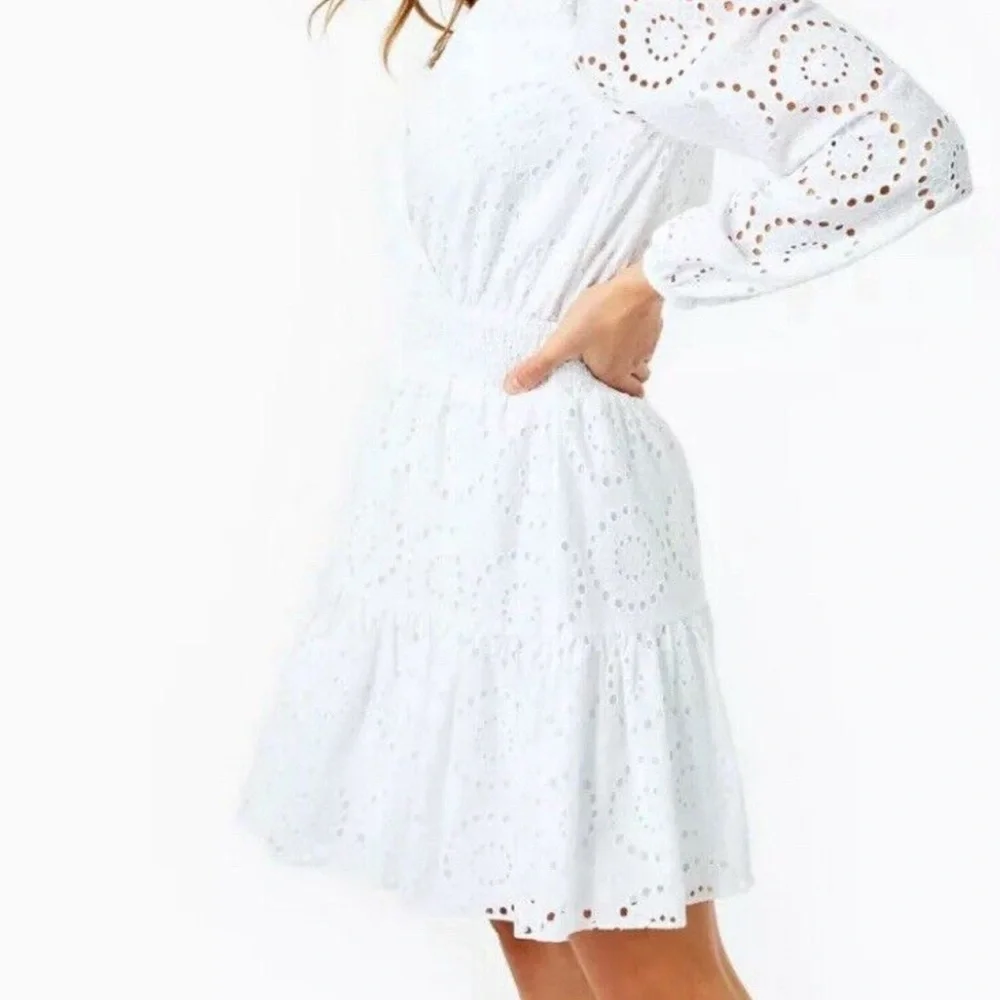 Lilly Pulitzer White Eyelet Long Sleeve Smocked Waist Taviana Dress SIZE 16 - Picture 5 of 11
